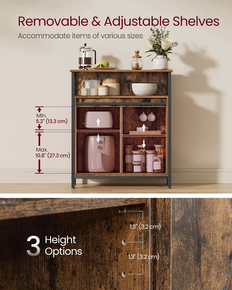 Buffet Cabinet, Coffee Bar Storage Cabinet, Sideboard with 1 Sliding Barn Door, Adjustable Shelves, 11.8 x 27.6 x 31.5 Inches, for Living Room, Rustic Brown and Ink Black