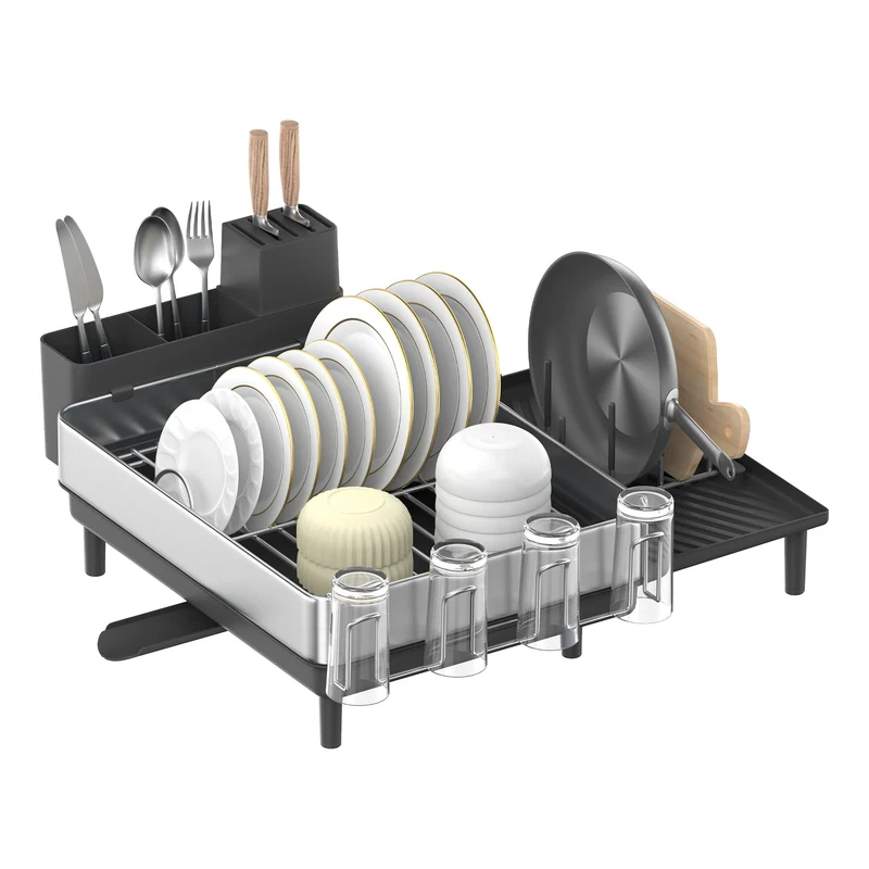 Large Dish Drying Rack, Expandable Dish Dryer for Kitchen Counter, Stainless Steel Dish Rack with Rotatable Spout, Utensil, Cup, Glass, Cutting Board, Pan Holders, Silver and Black