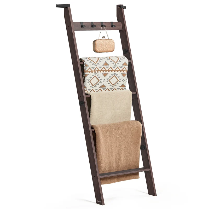 Blanket Ladder Shelf, 6-Tier Ladder Rack for Storage and Decor with 4 Removable Hooks, Decorative Farmhouse for The Living Room, Maroon Brown