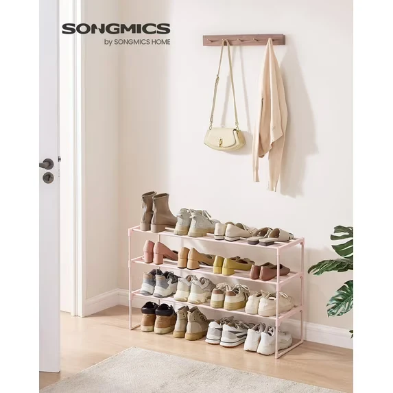 3-Tier Stackable Shoe Rack, 36.2 Inch Metal Shoe Organizer with 22 lb per Tier Capacity, Upright & Reversible for Entryway, Jelly Pink