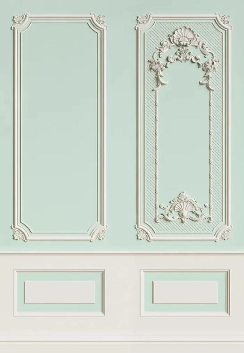 Casa Padrino Luxus Barock Vliestapete Mintgrün / Grau - Barockstil Wohnzimmer Tapete mit elegantem Stuck Muster - Wanddeko im Barockstil - Barock Tapeten - Tapeten im Barockstil