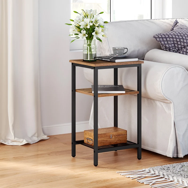 End Table Set of 2, 3-Tier Nightstands, Side Table for Small Space in Living Room, Bedroom, Steel Frame, Easy Assembly, 2-Pack, Chestnut Brown