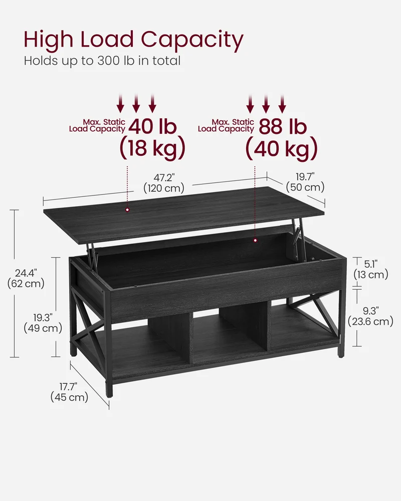 Lift Top Coffee Table, Lift Coffee Table with Storage Shelf, Hidden Compartments and Lifting Top, for Living Room, Office, 19.7 x 47.2 x (19.3-24.4) Inches, Black with Wood Grain