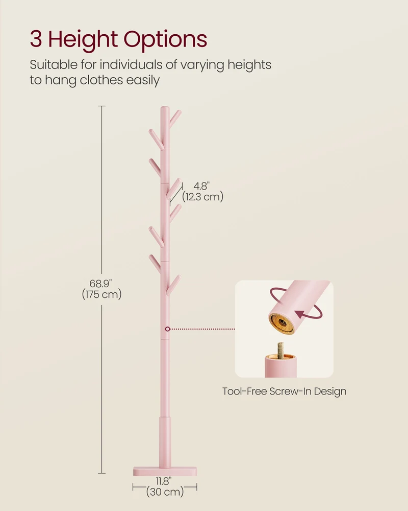 Solid Wood Coat Rack, Free Standing Hall Coat Tree with 8 Hooks, 3 Height Options, for Coats, Hats, Bags, Purses, for Entryway, Hallway, Rubberwood Hooks and Pole, Jelly Pink
