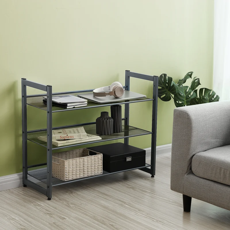 Shoe Rack, 3-Tier Shoe Organizer, Metal Shoe Storage for Garage, Stackable Shoe Shelf, with Adjustable Flat or Angled Shelves, 9-12 Pairs, Charcoal Gray