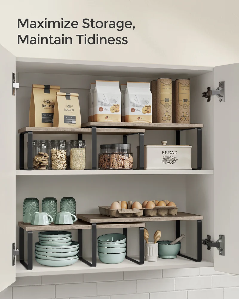 Cabinet Organizer Shelf, Set of 4 Kitchen Counter Shelves, Kitchen Storage, Spice Rack, Stackable, Expandable, Metal and Engineered Wood, Ink Black and Heather Greige