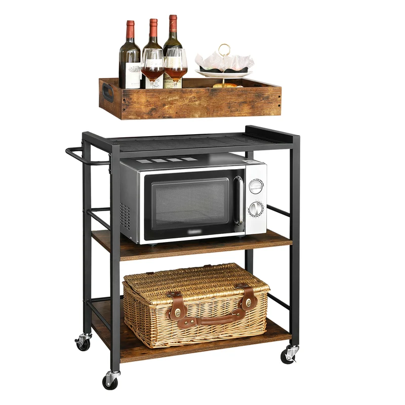 Kitchen Serving Cart with Removable Tray, 3-Tier Kitchen Utility Cart on Wheels with Storage, with Brakes, Leveling Feet, 15.7 x 28.3 x 33.9 Inches, Rustic Brown and Black