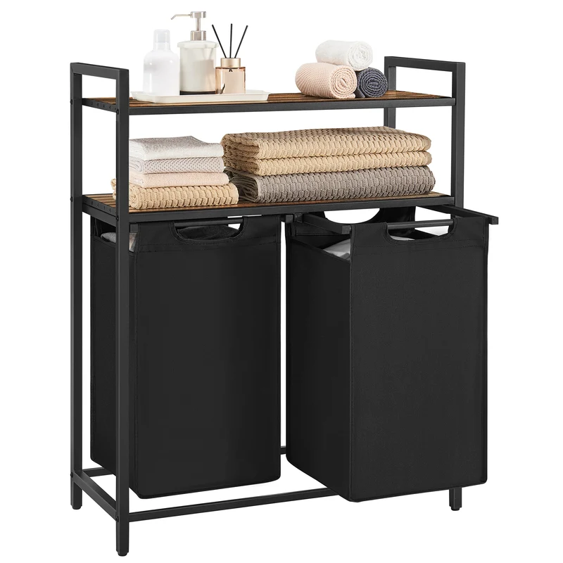 Laundry Hamper, Laundry Basket, Laundry Sorter with 2 Pull-Out and Removable Bags, 2 Shelves, 12.1 Gal (46L) Capacity per Bag, for Laundry Room, Rustic Brown and Black