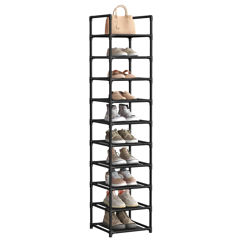 Shoe Rack, 10 Tier Shoe Shelf, Shoe Storage Organizer, Space-Saving, 13 x 13 x 68.1 Inches, Metal Frame, Non-Woven Fabric Shelves, for Entryway, Bedroom, Black