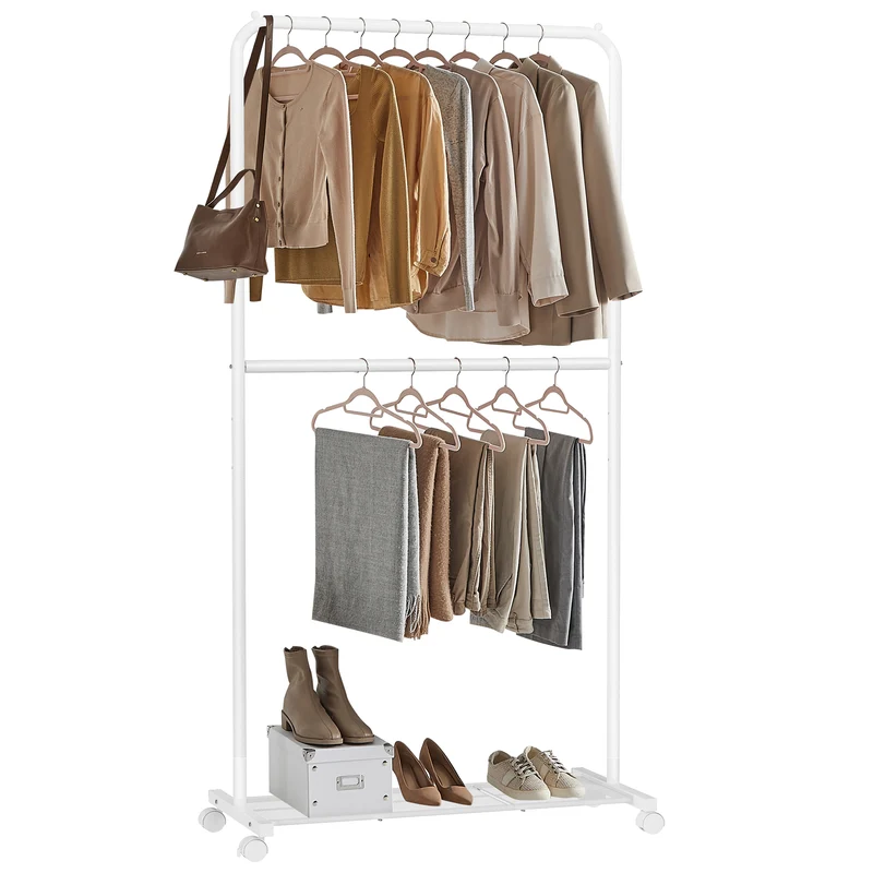 Clothes Rack with Wheels, Double-Rod Clothing Rack for Hanging Clothes, 25.4mm Metal Garment Rack with Dense Mesh Storage Shelf, 110 lb Load Capacity, 2 Brakes, White