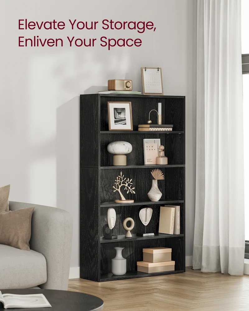Custos Collection - Bookshelf, 5-Tier Bookcase, Book Shelf, Open Storage Shelf, 9.4 x 30 x 52.8 Inches, for Living Room, Home Office, Dinning Room, Ebony Black