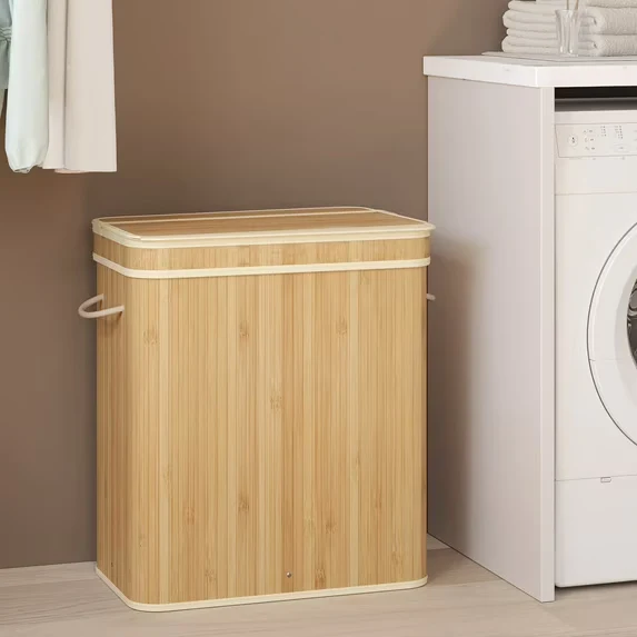 Foldable Bamboo Laundry Hamper with Removable Washable Liner, 26.4-Gallon Capacity, Metal Frame & Handles, for Bedroom，Bathroom, Natural Beige