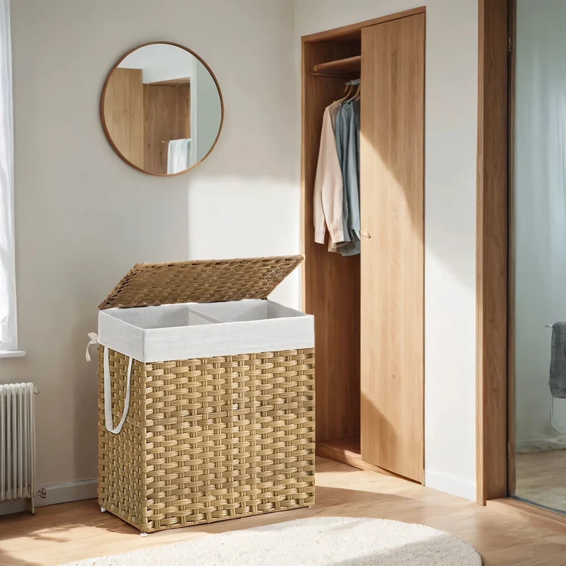 LEDREM Double-Section Laundry Hamper with Lid & 6 Mesh Bags – 110L Capacity, Removable Washable Liners, Sturdy Steel Frame & Rattan for Bathroom，Home – Natural