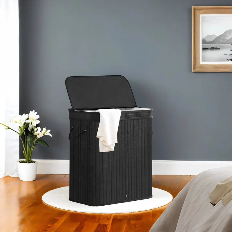 LEDREM Foldable Bamboo Laundry Hamper with Removable Washable Liner, 26.4-Gallon Capacity, Metal Frame & Handles, for Bedroom，Bathroom, Ink Black