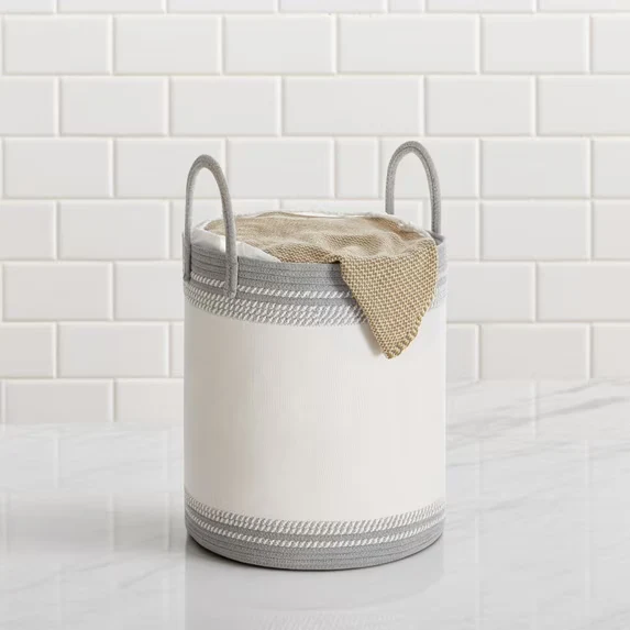 LEDREM Laundry Hamper with Drawstring Lid, 60L (18.9 Gal) Large Capacity, Sturdy Poly-Cotton Blend & Reinforced Handles, for Clothes, Blankets, Bedroom, Living Room， Dove Gray
