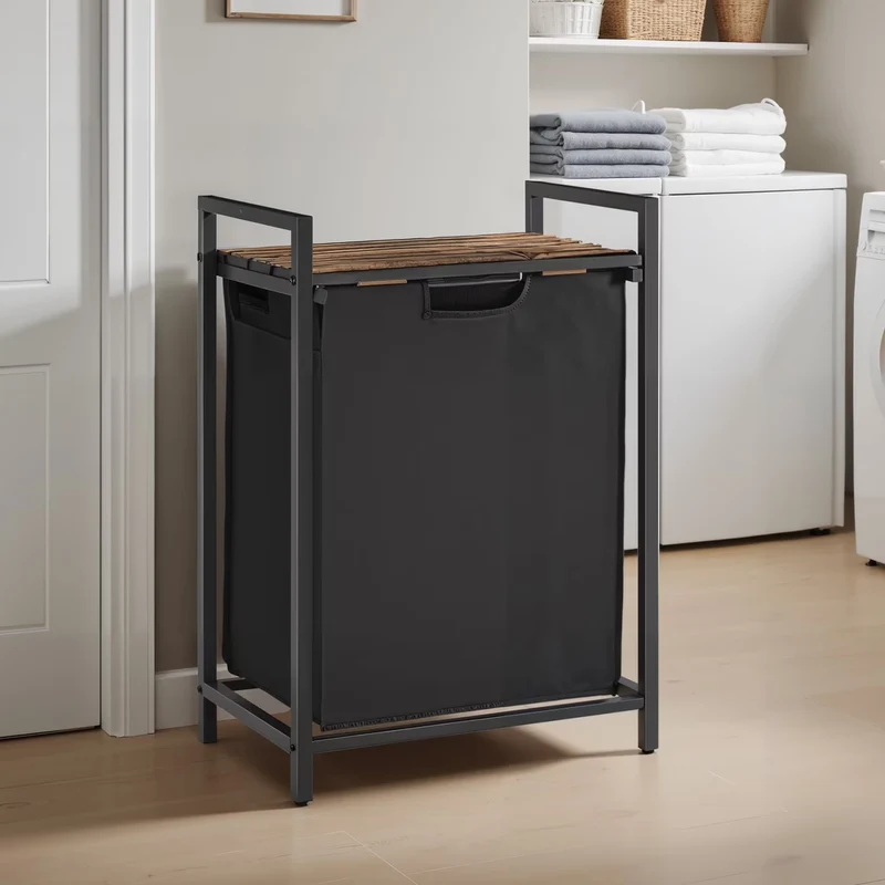 LEDREM Space-Saving Laundry Hamper with Shelf & Removable Bags, 17.2 Gallon Capacity, Metal Frame, for Small Spaces, Black and Rustic Brown