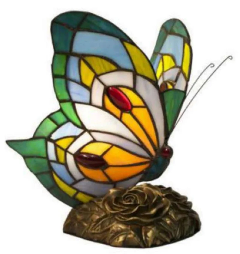 Casa Padrino Luxus Tiffany Tischleuchte Schmetterling Grün / Mehrfarbig 17 x 17 x H. 23 cm - Tiffany Schreibtischleuchte - Luxus Interior - Luxus Art Deco Leuchten - Tiffany Leuchten