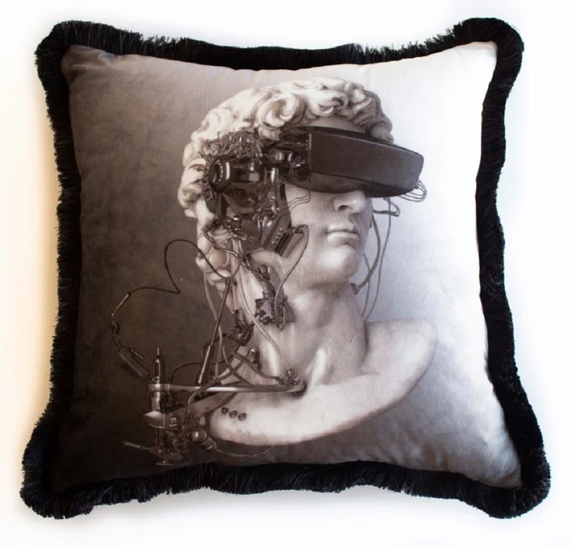Casa Padrino Luxus Deko Kissen Cyber Barock Büste Grau / Weiß / Schwarz 45 x 45 cm - Bedrucktes Samt Kissen mit Fransen - Luxus Deko Accessoires