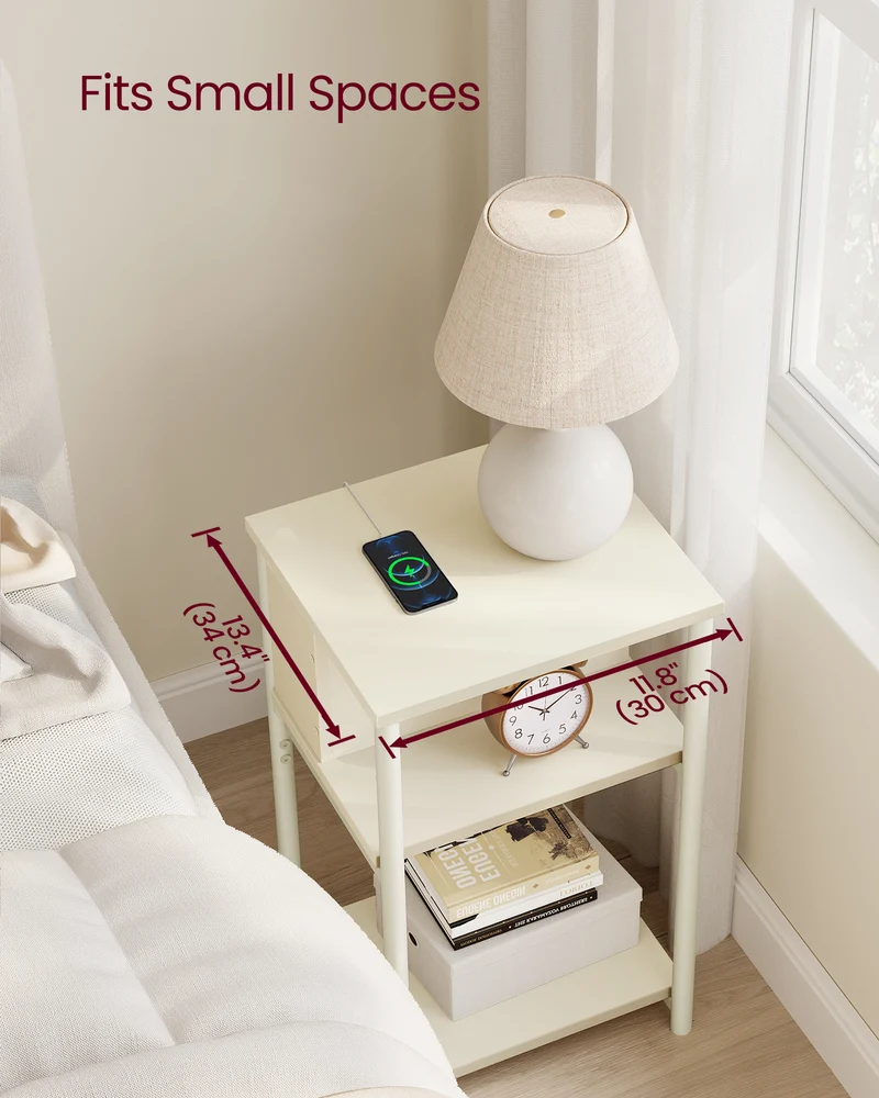 Side Table with Charging Station, 3-Tier End Table with USB Ports and Outlets, Nightstand for Living Room, Bedroom, 11.8 x 13.4 x 22.8 Inches, Plug-in Series, Cream White
