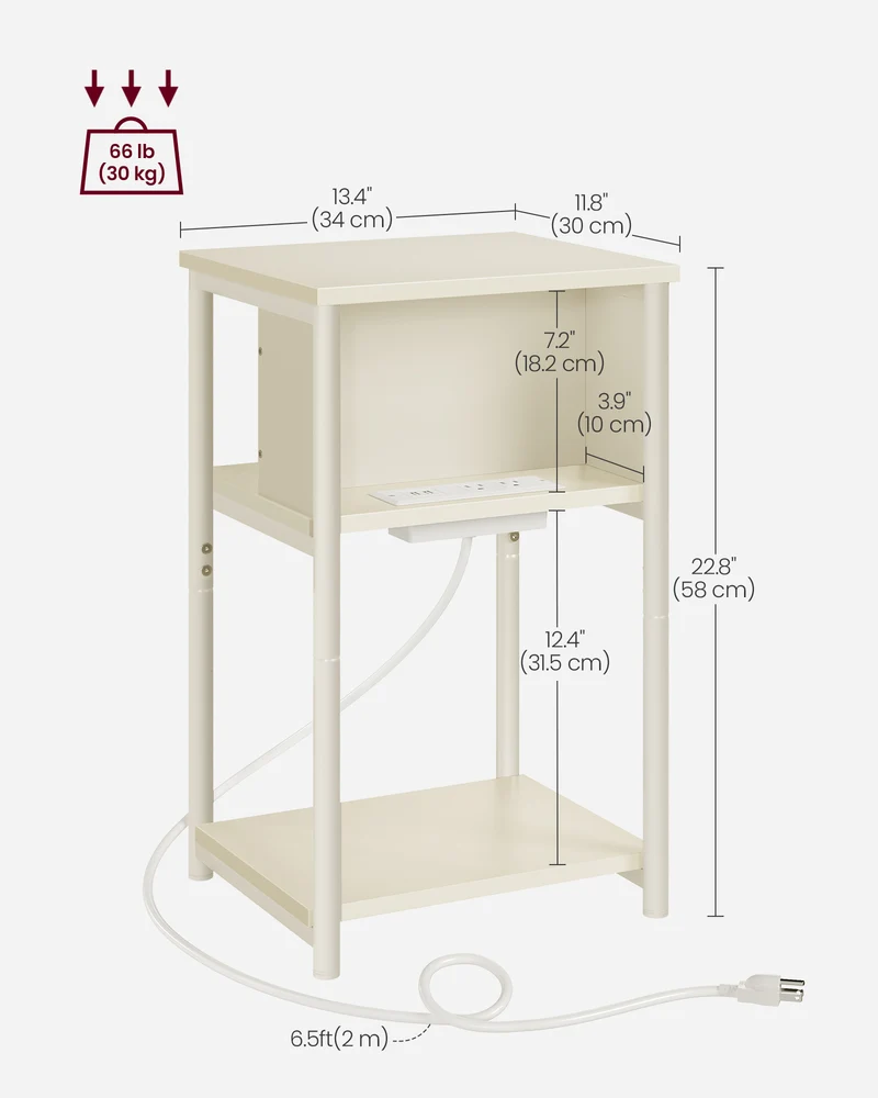 Side Table with Charging Station, 3-Tier End Table with USB Ports and Outlets, Nightstand for Living Room, Bedroom, 11.8 x 13.4 x 22.8 Inches, Plug-in Series, Cream White