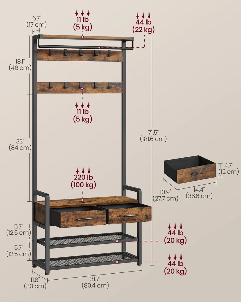 Hall Tree with Bench and Shoe Storage, Entryway Coat Rack with Shoe Bench, 2 Fabric Drawers, 10 Hooks, 11.8 x 31.7 x 71.5 Inches, Vintage Brown and Ink Black