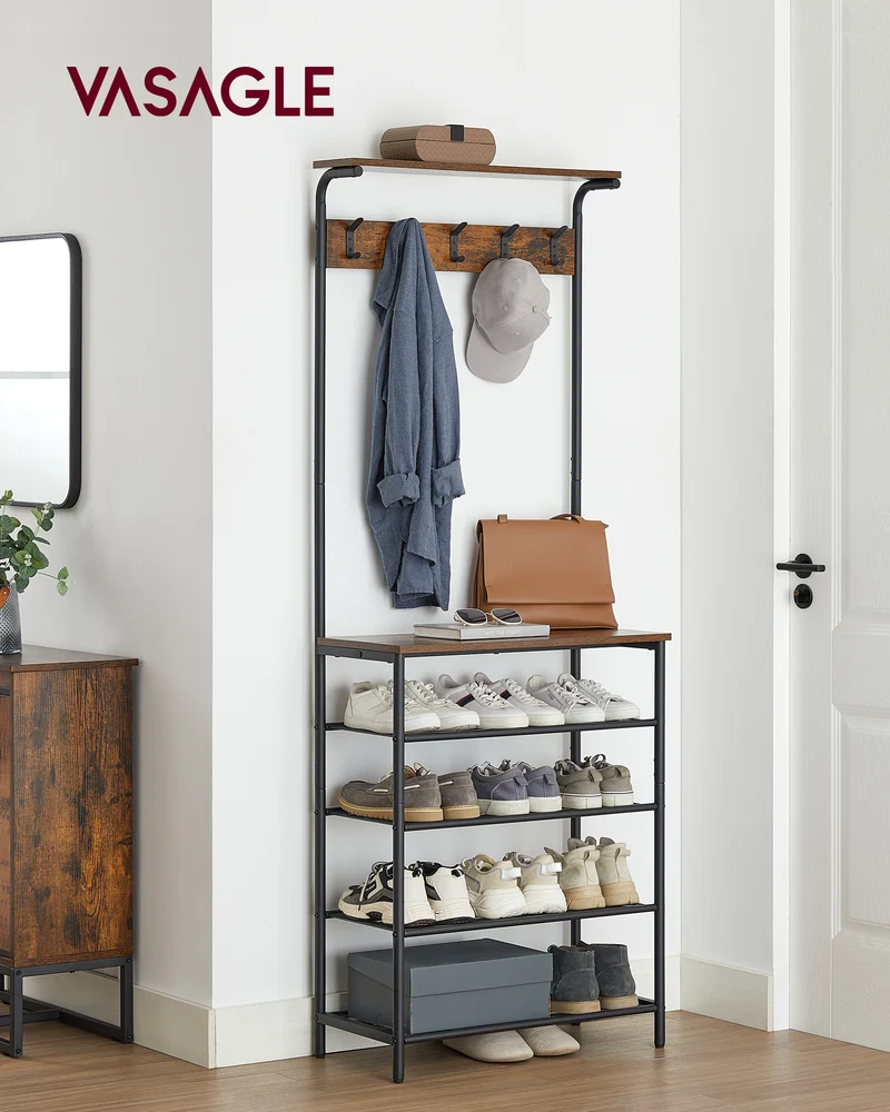 Hall Tree with Shoe Bench, Coat Rack Shoe Bench, 5-Tier Shoe Rack Different Heights, 5 Dual Hooks, Top Shelf, Entryway Organizer, Hallway Bedroom Dorm, Rustic Brown and Black