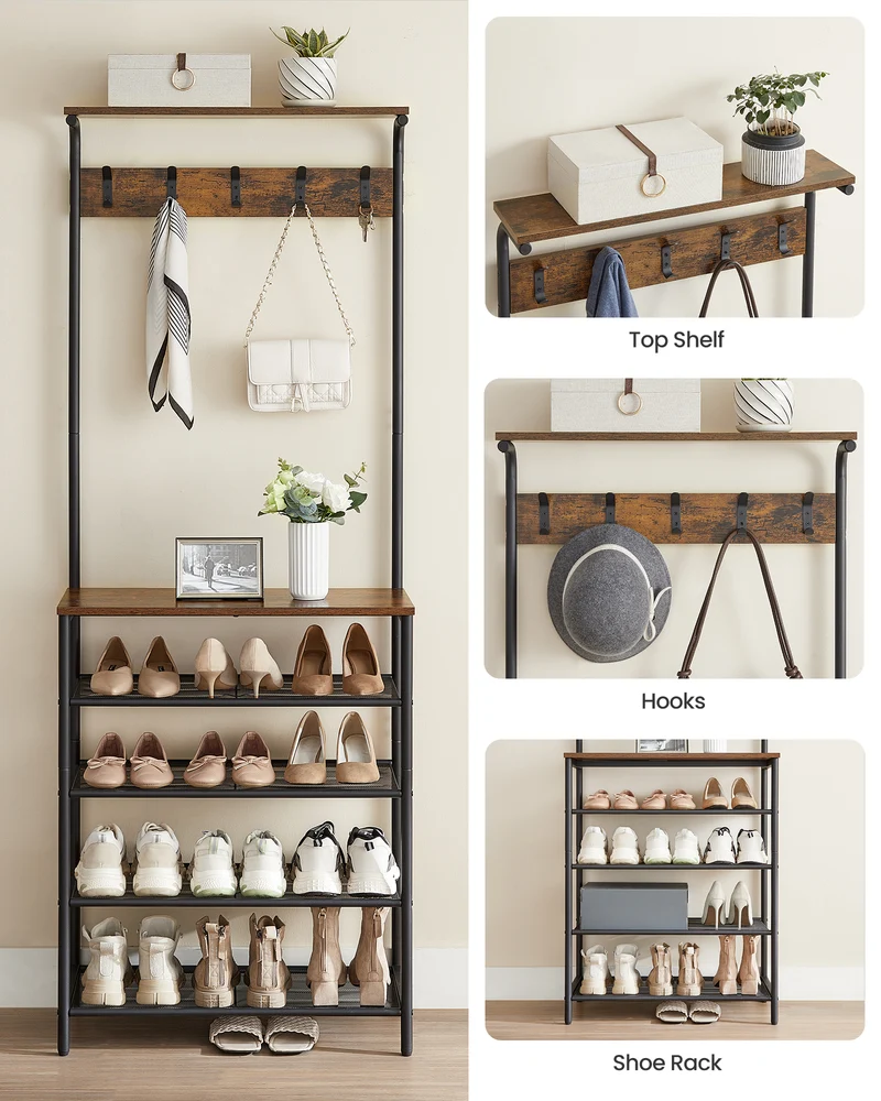 Hall Tree with Shoe Bench, Coat Rack Shoe Bench, 5-Tier Shoe Rack Different Heights, 5 Dual Hooks, Top Shelf, Entryway Organizer, Hallway Bedroom Dorm, Rustic Brown and Black