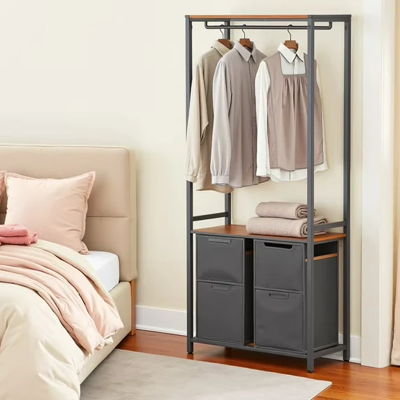 LEDREM 2-Section Laundry Hamper with Shelves & Hanging Rail, 24.2 Gallon Capacity, Removable Liners, Steel Frame, Rustic Brown and Black