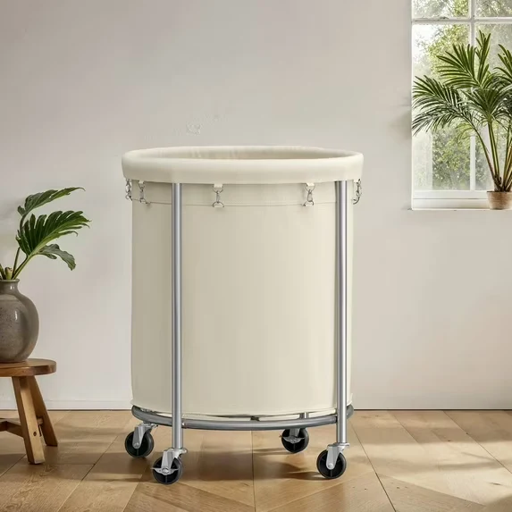 Rolling Laundry Hamper with Removable Bag – 45 Gal. Large Capacity Laundry Basket on Wheels, Steel Frame, 4 Casters (2 Locking), Cream & Silver