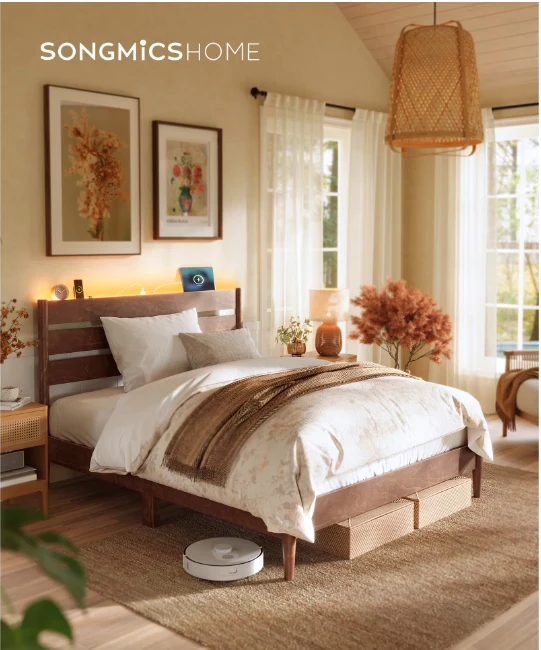 Full Bed Frame with LED Headboard & Charging Station - Solid Wood Platform, Mid-Century Modern, No Box Spring Needed, Coffee Brown