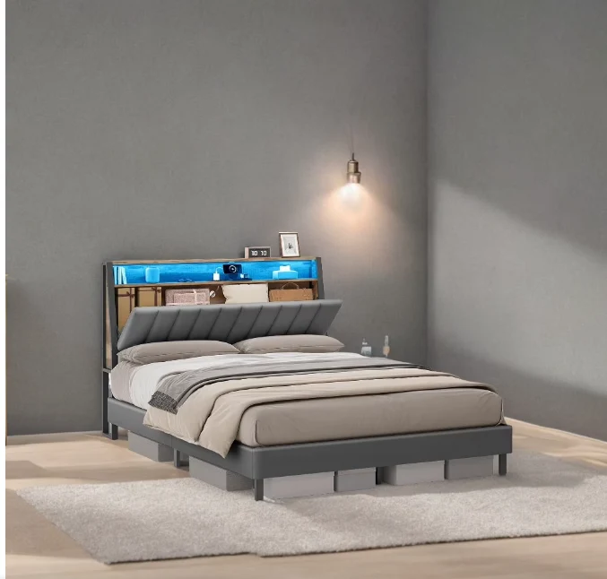 Queen Size LED Bed Frame with Storage Headboard and Charging Station, No Box Spring Needed,with 2 AC Outlets, 1 USB Port, 1 Type-C Port