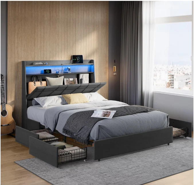 Queen Bed Frame with 51.4-Inch Tall Storage Headboard, Queen Size Bed Frame, with 4 Storage Drawers on Wheels, LED Lights, Charging Station