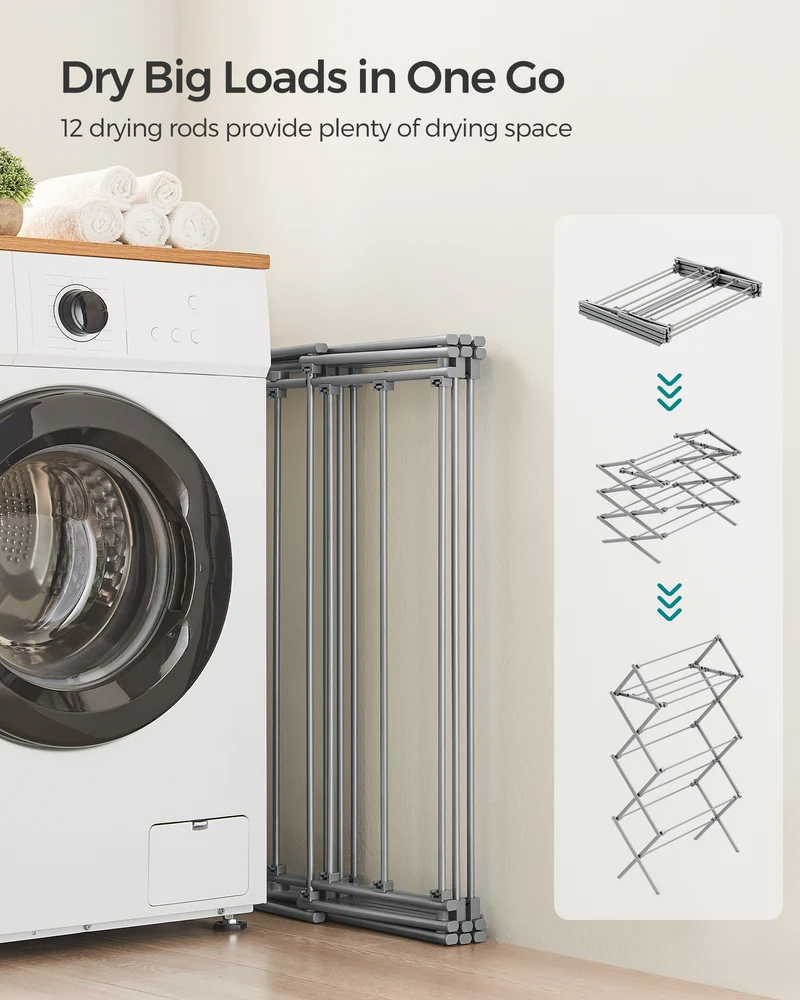Foldable Clothes Drying Rack, Laundry Drying Rack, Clothes Airer, Steel Frame, 14.6 x 29.5 x 53.2 Inches, Easy Assembly, Indoor Outdoor Use, Gray