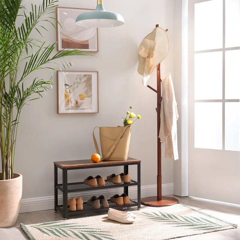 Solid Wood Coat Rack, Free Standing Hall Coat Tree with 8 Hooks, 3 Height Options, for Coats, Hats, Bags, Purses, for Entryway, Hallway, Rubberwood Hooks and Pole, Dark Walnut