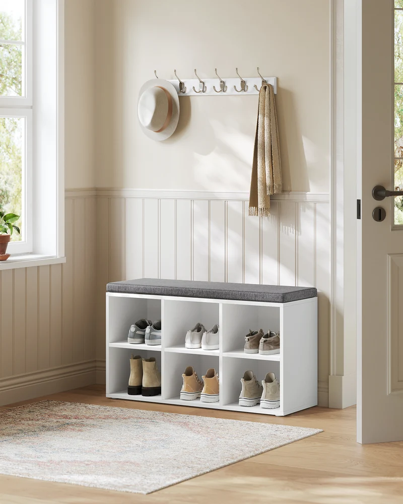 Shoe Bench with Cushion, Shoe Storage Bench with 6 Compartments and 3 Adjustable Shelves, Entryway Bench with Padded Seat, for Bedroom, Closet, Living Room, White