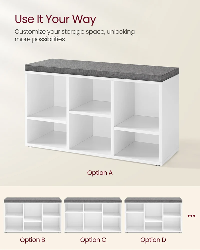 Shoe Bench with Cushion, Shoe Storage Bench with 6 Compartments and 3 Adjustable Shelves, Entryway Bench with Padded Seat, for Bedroom, Closet, Living Room, White