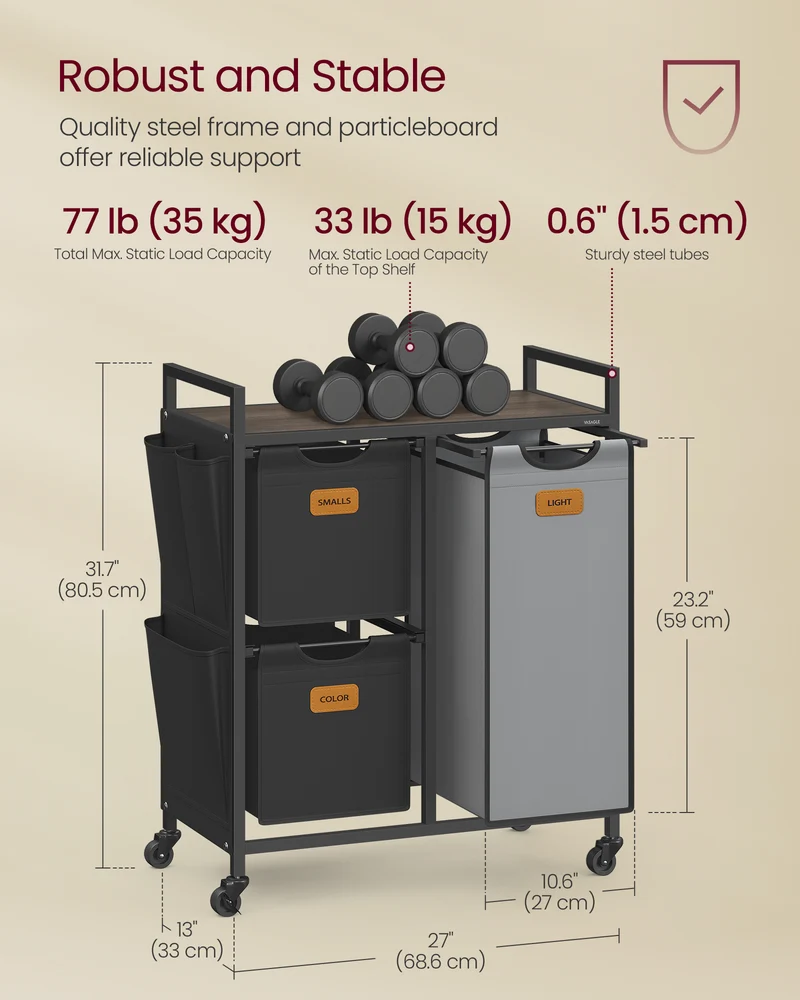 Laundry Hamper with 3 Compartments, 26.4 Gal. (100 L) Laundry Sorter, Rolling Laundry Cart with Shelves, Small Side Pockets, 6 Labels, Chestnut Brown, Ink Black and Dove Gray