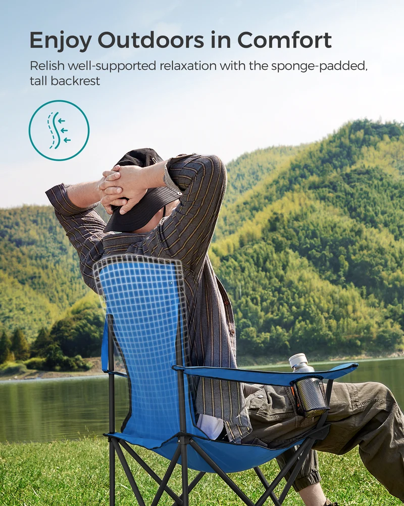 Folding Camping Chair, with Comfortable Sponge Seat, Cup Holder, Heavy Duty Structure, Max Load Capacity 551 lb, Outdoor Picnic Chair, Blue and Black