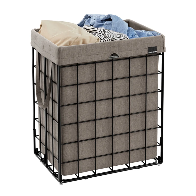 Laundry Hamper, 23.8 Gal. (90L) Laundry Basket, Collapsible Clothes Hamper, Removable and Washable Liner, Metal Wire Frame, for Bedroom Bathroom, Black and Camel Brown