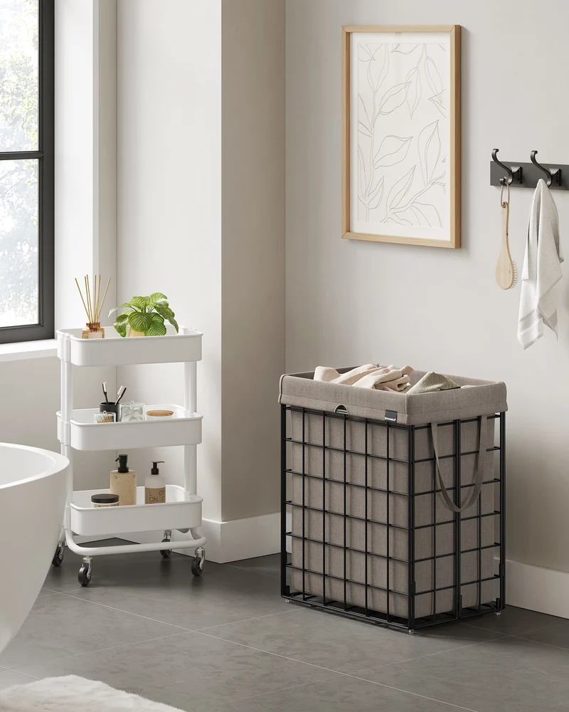 Laundry Hamper, 23.8 Gal. (90L) Laundry Basket, Collapsible Clothes Hamper, Removable and Washable Liner, Metal Wire Frame, for Bedroom Bathroom, Black and Camel Brown