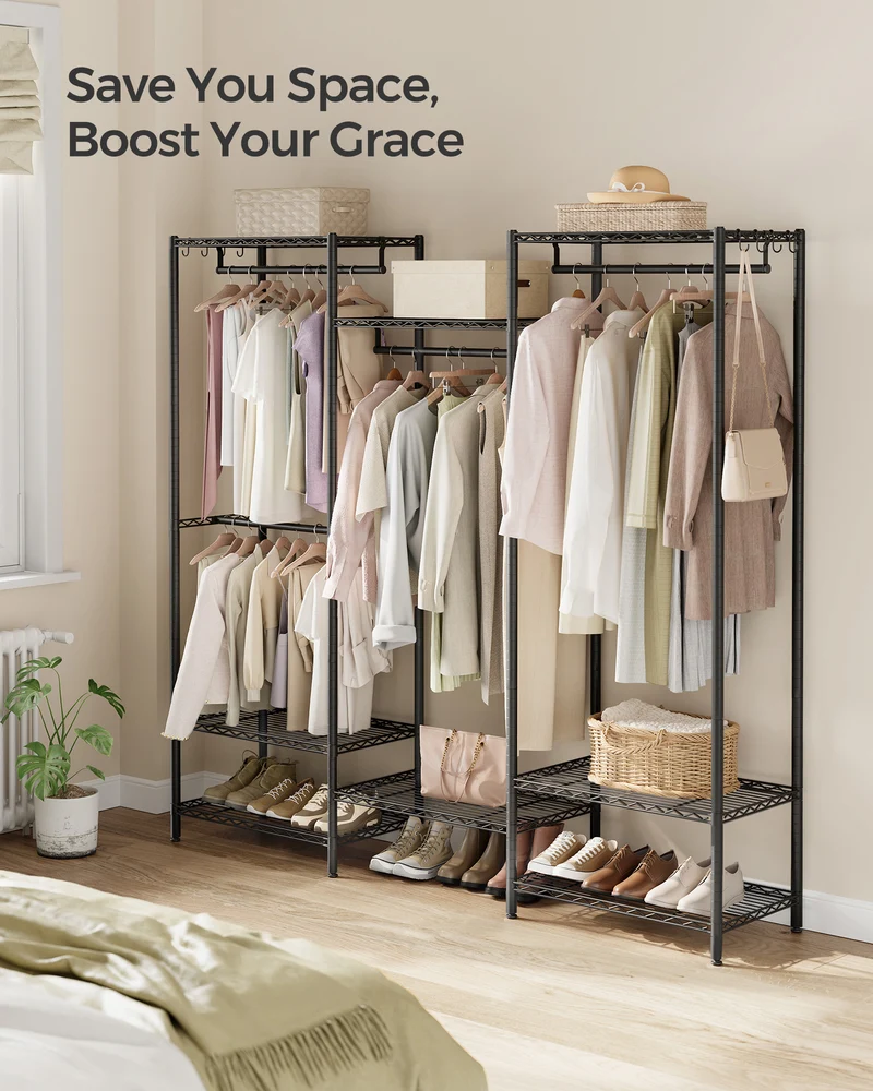 Portable Wardrobe Closet Heavy Duty Clothes Rack, Freestanding Closet Organizer,15.8 x 68.9 x 70.9 inches,Metal Garment Rack with Adjustable Wire Shelves, Dividable, Ink Black