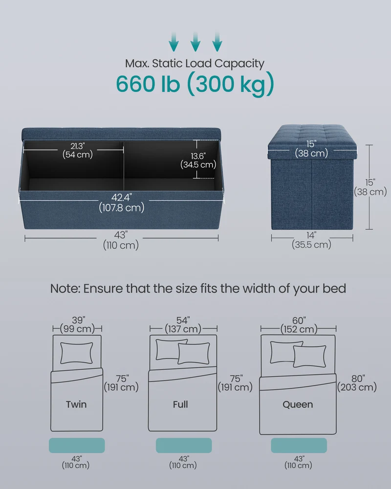43 Inches Folding Storage Ottoman Bench, Ottoman Foot Rest, End of Bed Bench, Storage Chest, Load 660 lb, for Living Room, Bedroom, Entryway, Midnight Blue