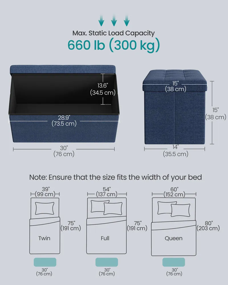 30 Inches Folding Storage Ottoman Bench, Ottoman Foot Rest, End of Bed Bench, Storage Chest, Load 660 lb, for Living Room, Bedroom, Entryway, Midnight Blue
