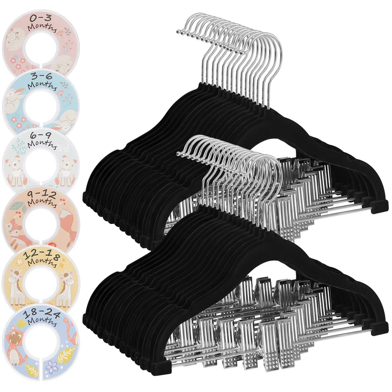 Baby Hangers, 30 Packs Pants Hangers with Clips, Kids Hangers with 6 Clothes Dividers, Non-Slip Children’s Clothes Hangers, Pants Hangers, Black