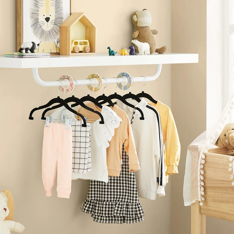 Baby Hangers, 30 Packs Pants Hangers with Clips, Kids Hangers with 6 Clothes Dividers, Non-Slip Children’s Clothes Hangers, Pants Hangers, Black