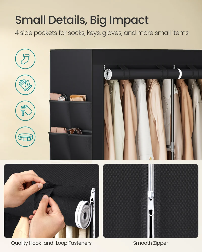 Closet Wardrobe, Portable Closet for Bedroom, Clothes Rail with Non-Woven Fabric Cover, Clothes Storage Organizer, 55.1 x 16.9 x 68.5 Inches, Black
