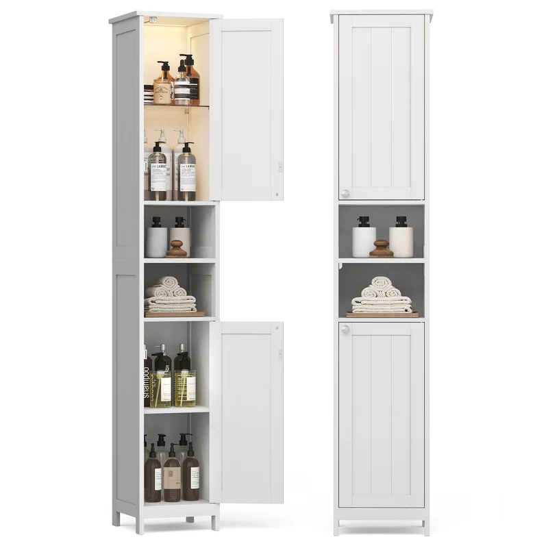 Tall Bathroom Cabinet with Lights, Slim Freestanding Bathroom Storage Cabinet with Adjustable Shelves, for Small Spaces, Modern, 11.8 Inches Wide, Cloud White