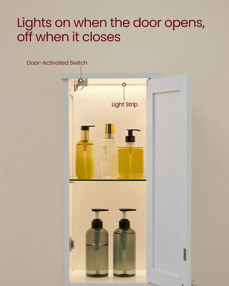 Tall Bathroom Cabinet with Lights, Slim Freestanding Bathroom Storage Cabinet with Adjustable Shelves, for Small Spaces, Modern, 11.8 Inches Wide, Cloud White