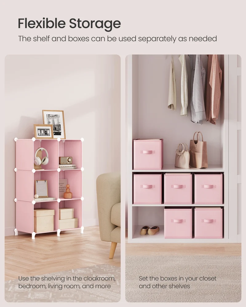 Cube Storage Organizer with Storage Boxes, Set of 6-Cube Organizer, 6 Collapsible Non-Woven Fabric Bins, Customizable, Space-Saving, Bedroom, Jelly Pink