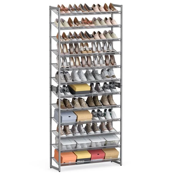 12-Tier Stackable Shoe Storage shelf, Metal shoe Organizer with Adjustable Flat or Angled shelves
